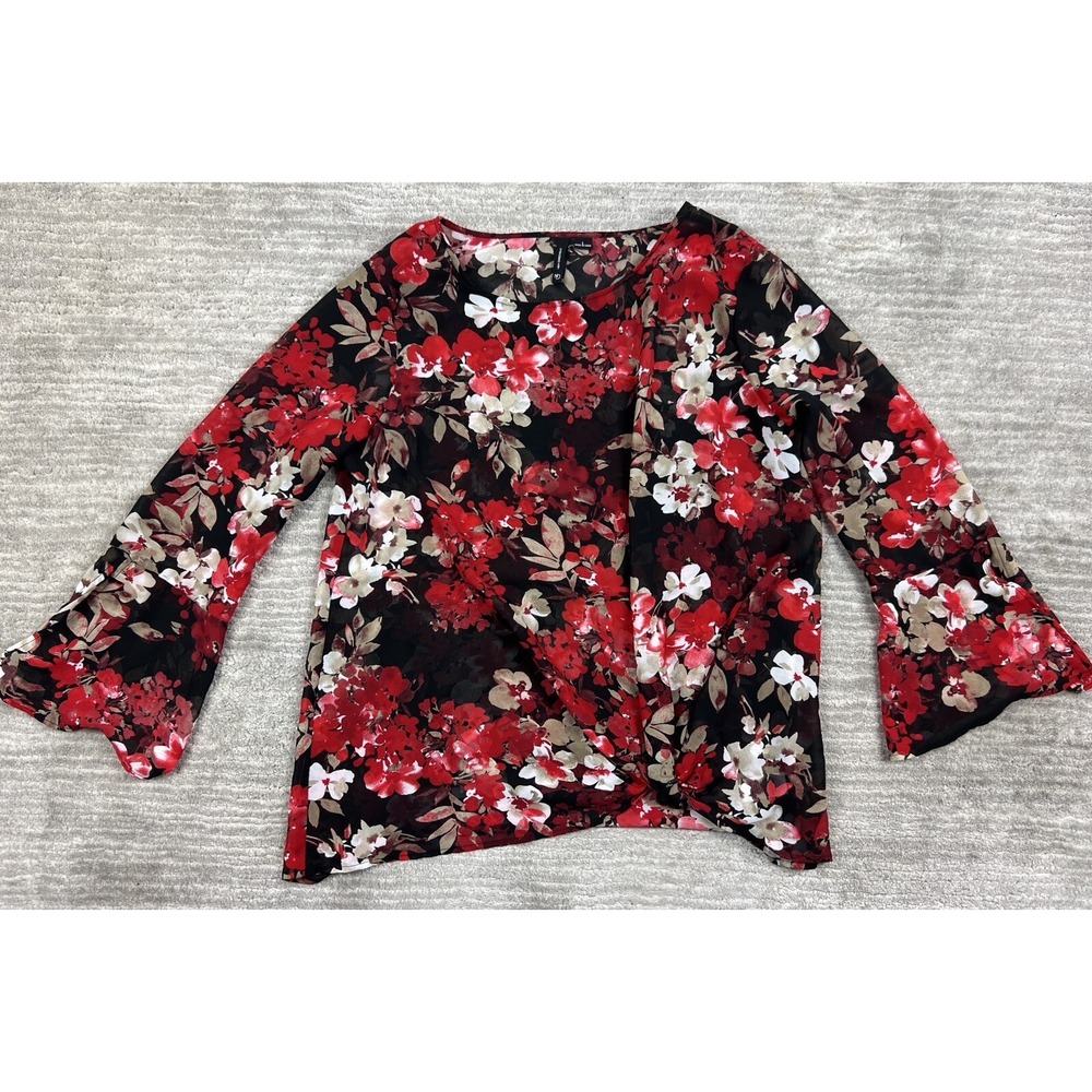 New Directions Blouse Women Large Red Floral Chiffon Bell Sleeve Twist Front Top